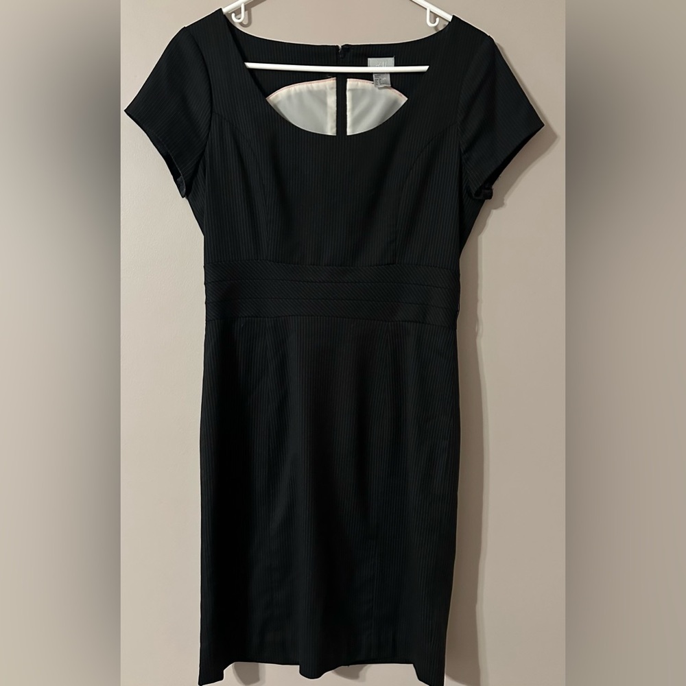 H&M size 8 BLACK  pin striped, short capped sleeved dress.